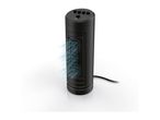 A black, cylindrical personal fan.