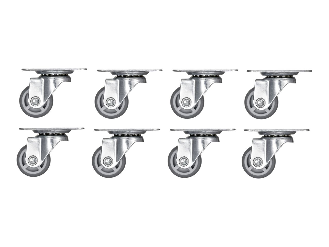 Eight caster wheels for furniture or equipment.