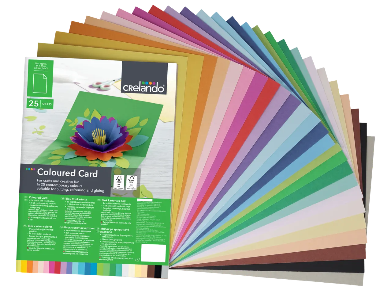 Комплект цветни картони Crelando с 25 листа в различни цветове за творчески дейности.