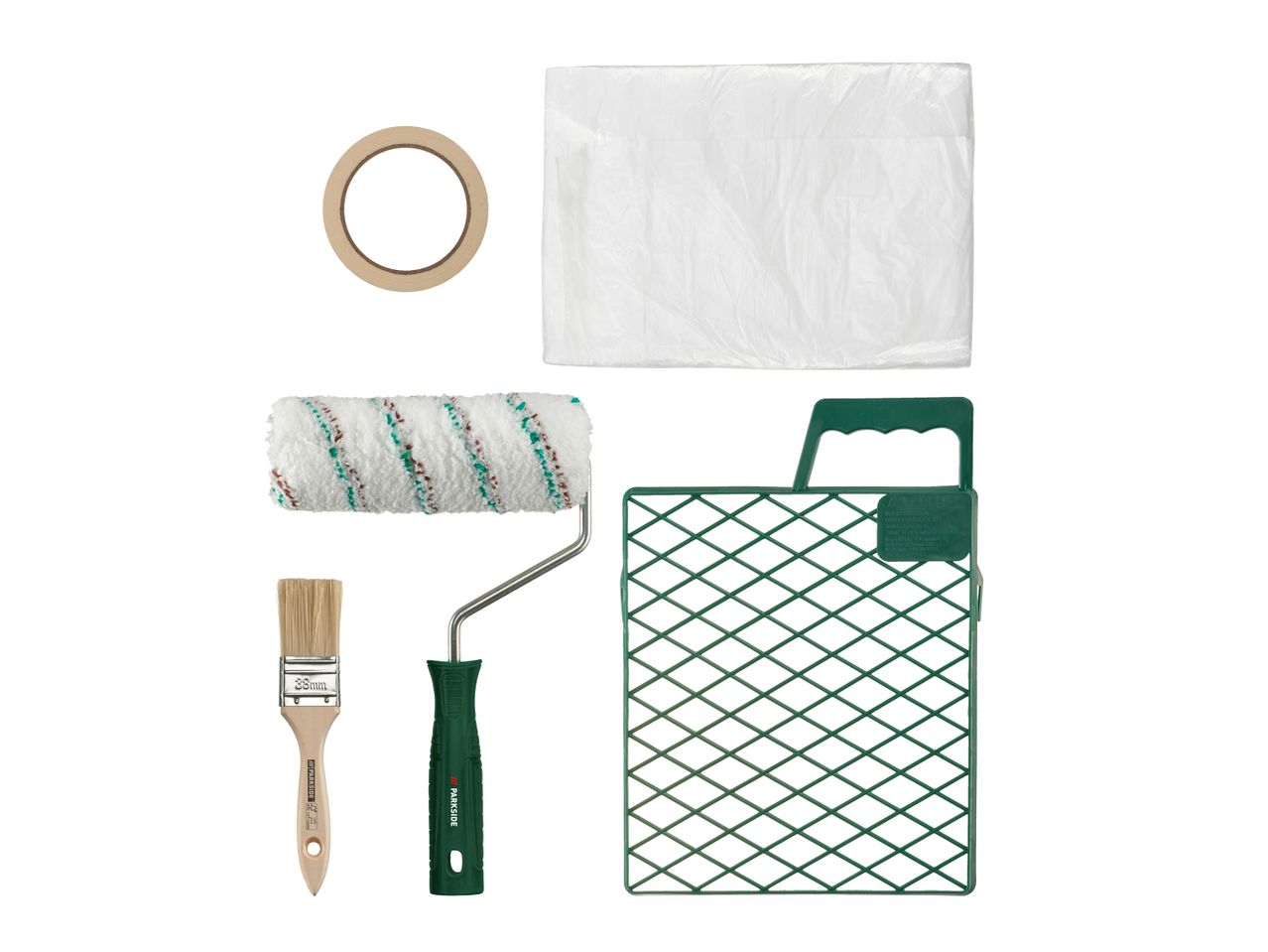 Un set di attrezzi per pittura che include un pennello, un rullo, nastro adesivo, un telo protettivo e una griglia per pittura.