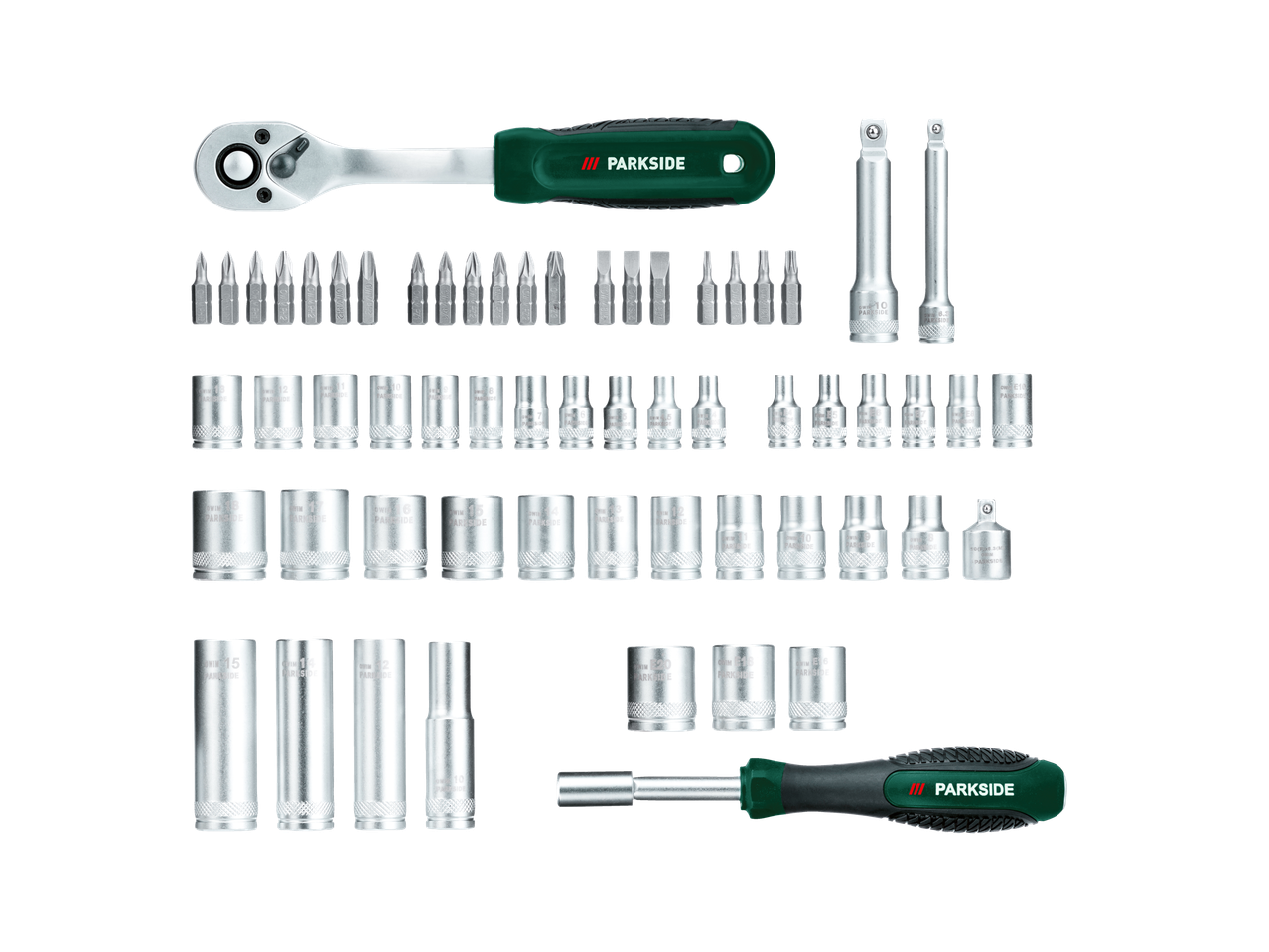 Parkside® 72-osaline padrunvõtmete komplekt, sisaldades narret, otsikuid ja erineva suurusega padruneid.