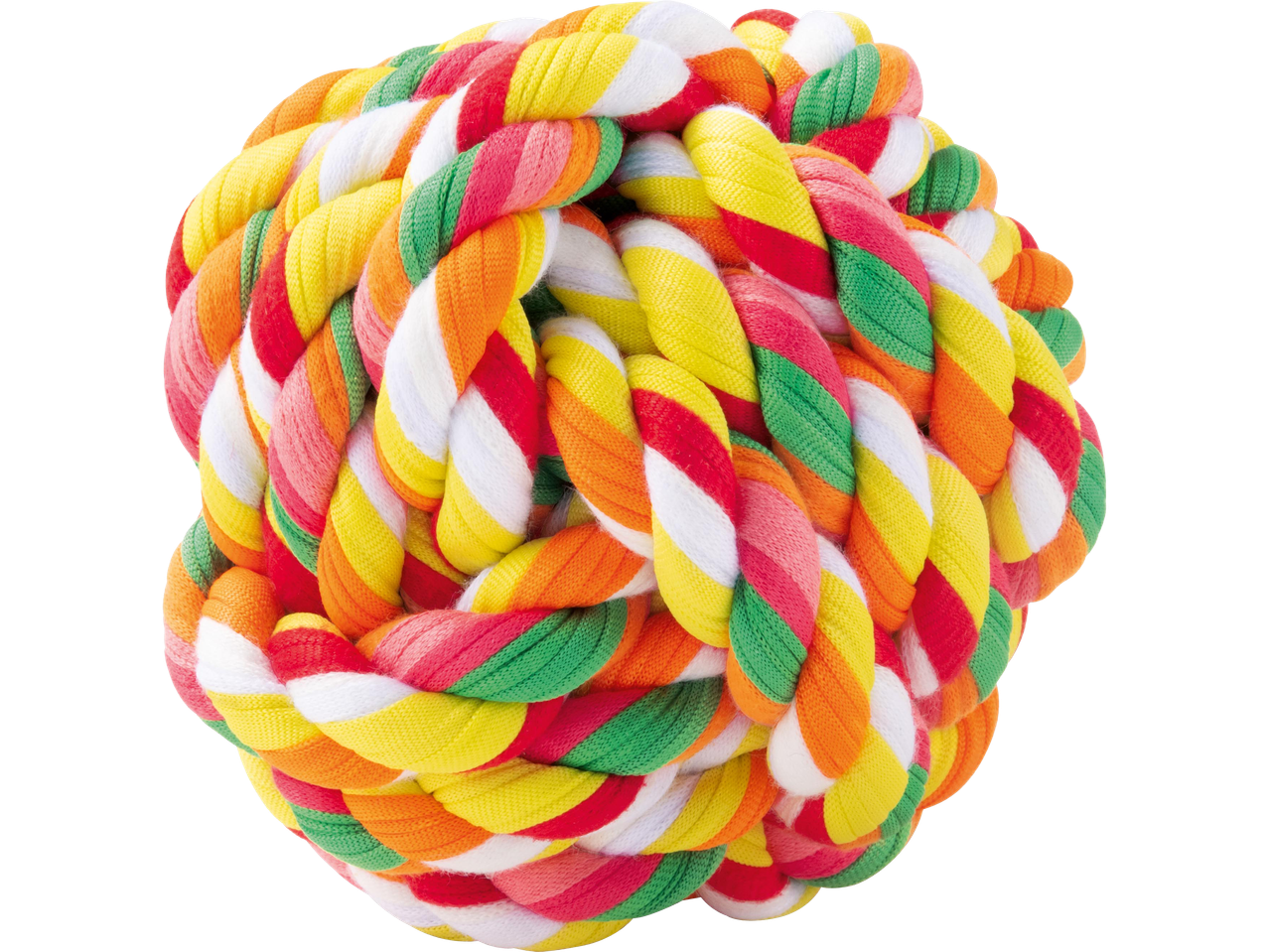 Színes, fonott kutyajáték labda, piros, narancs, sárga, zöld és fehér színekben.