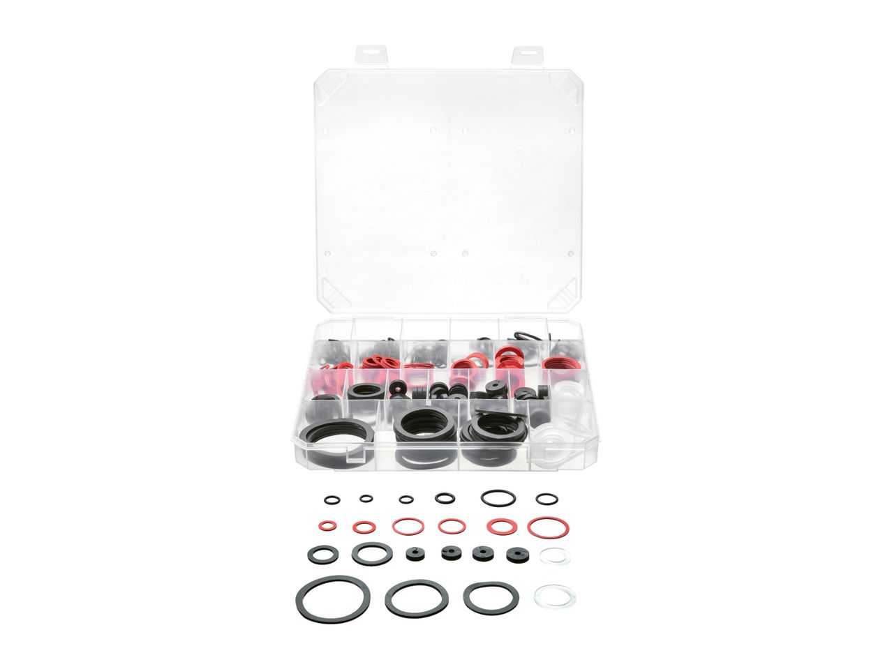 A clear plastic organizer box filled with various black, red, and clear O-rings and washers.