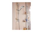 Chrome shower head with running water, shower rail, and two-tier shower caddy.