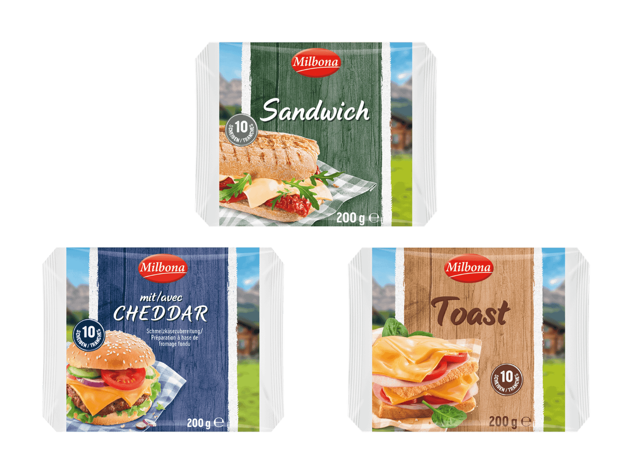 Drei Packungen Schmelzkäsescheiben für Sandwiches, Cheddar und Toast.