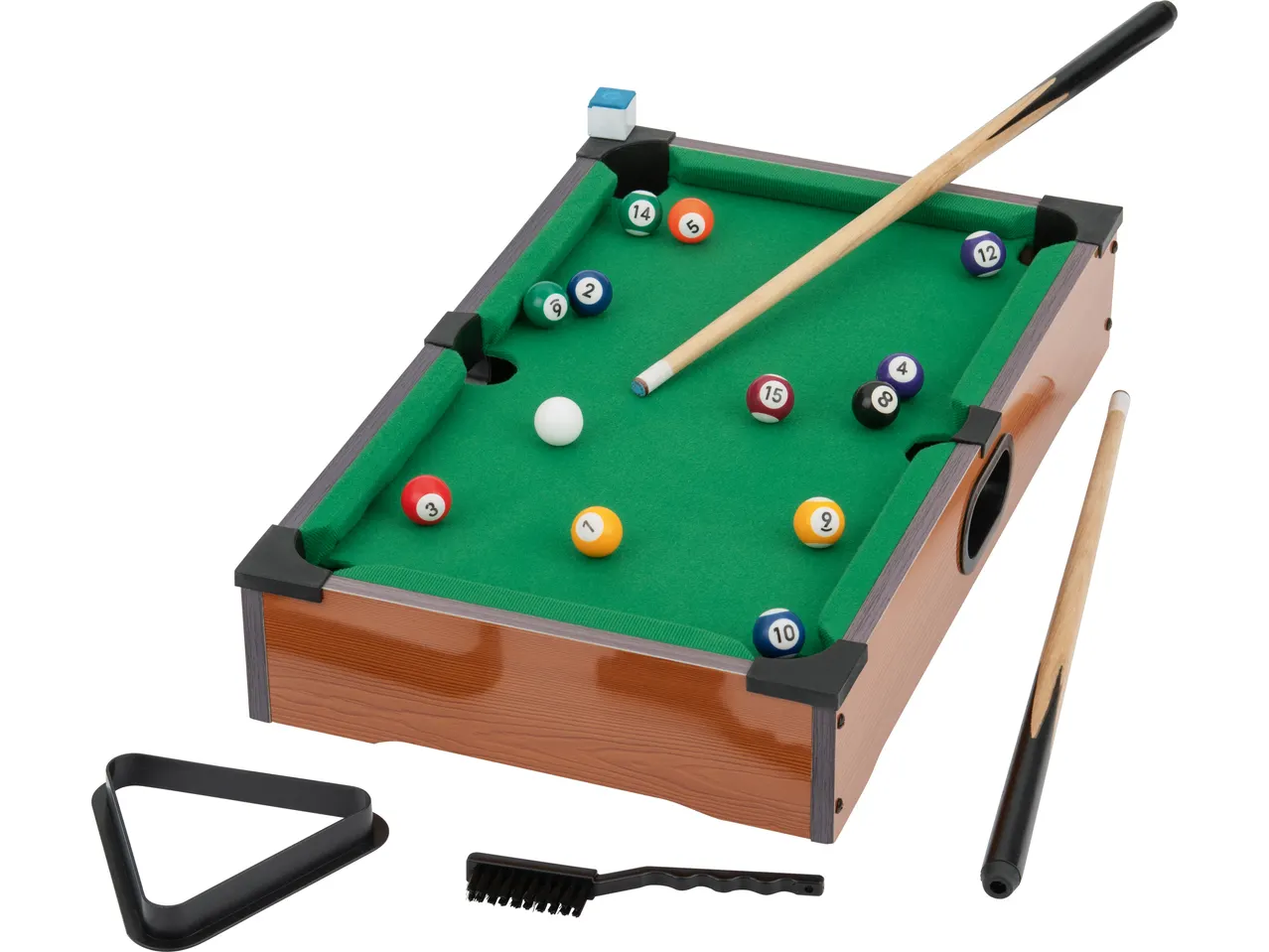 Miniature pool table with cue sticks, balls, triangle, and brush.