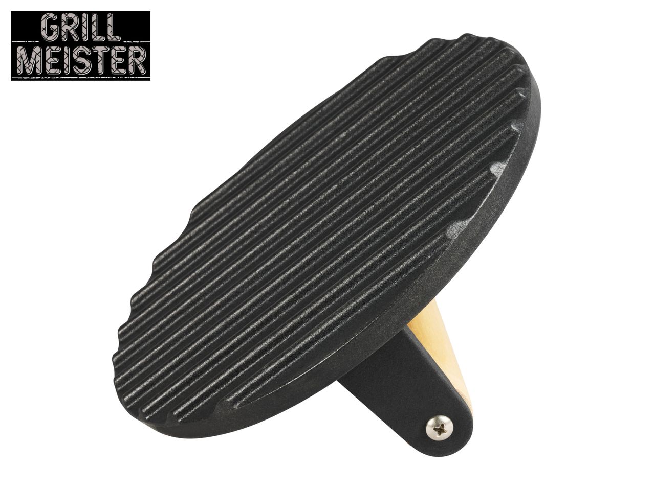 Cast iron grill press with a wooden handle, featuring a ridged surface and the text 'GRILL MEISTER'.