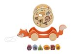 Wooden fox pull-along toy with a shape sorter and forest animal blocks.