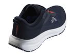 Dark blue and orange athletic shoe with a white sole, viewed from the back-right.