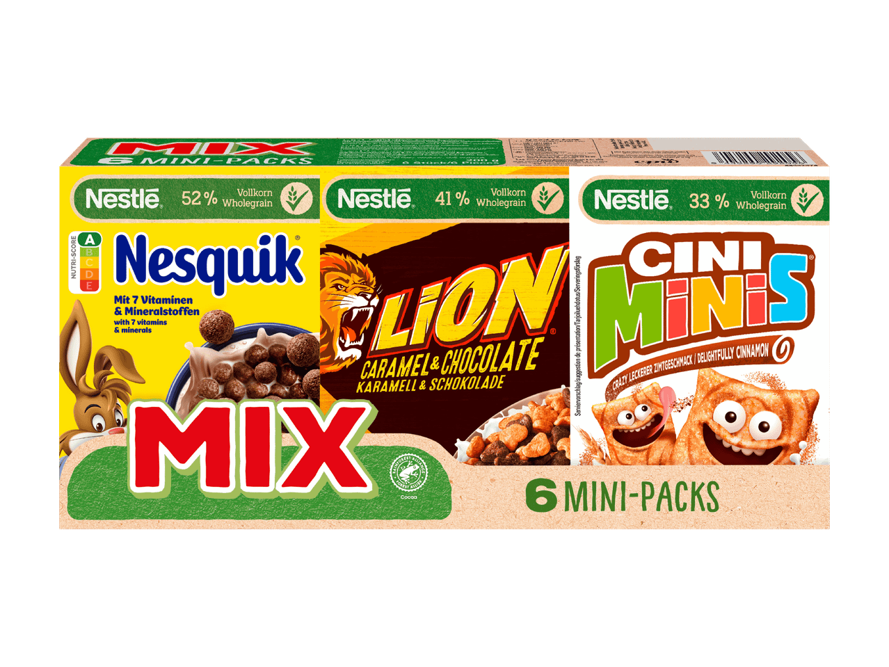 Multipackung Nestlé Nesquik, Lion und Cini Minis Cerealien mit 6 Minipackungen.