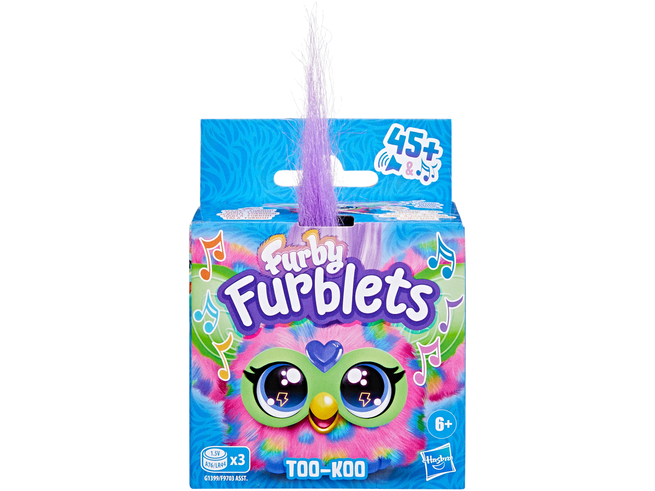 Furby Furblets Too-Koo, spalvingas Furby žaislas pakuotėje.