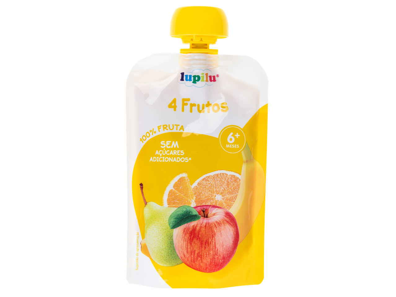 Saqueta de fruta Lupilu 4 Frutos, 100% fruta, sem açúcares adicionados, para 6+ meses.