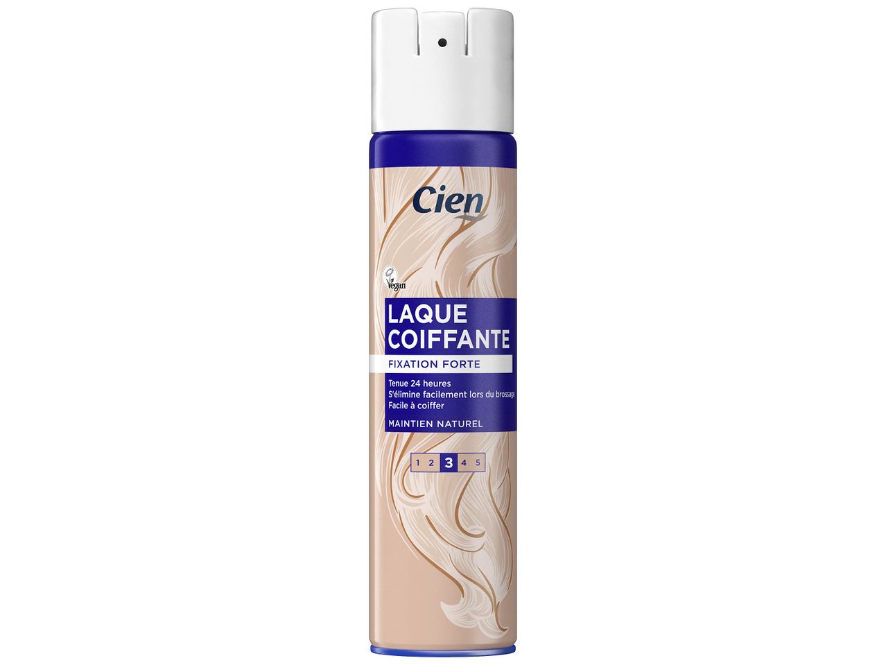 Laque coiffante Cien Fixation Forte, tenue 24 heures, maintien naturel.