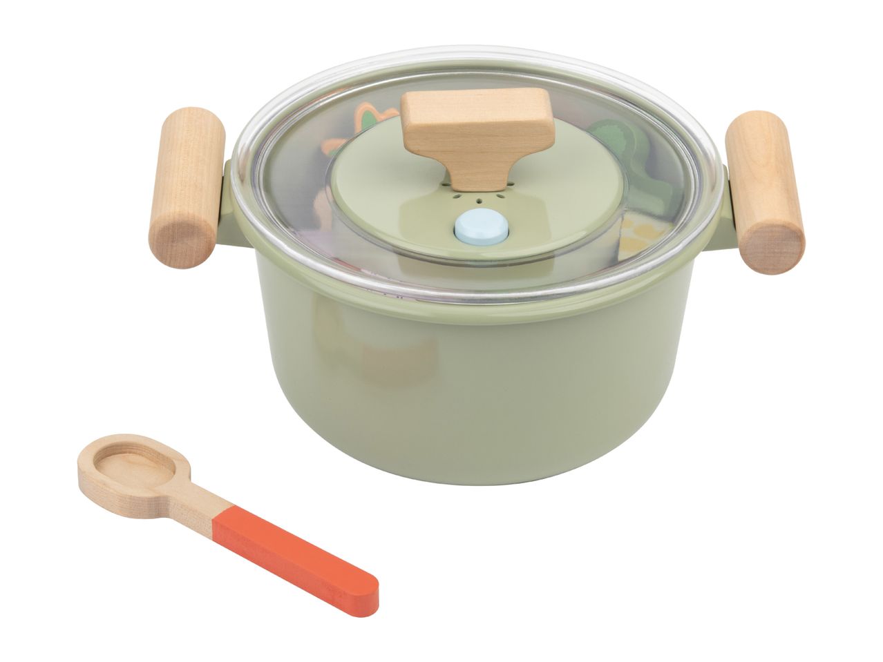 Toy cooking pot with a clear lid, wooden handles, and a wooden spoon with an orange handle.
