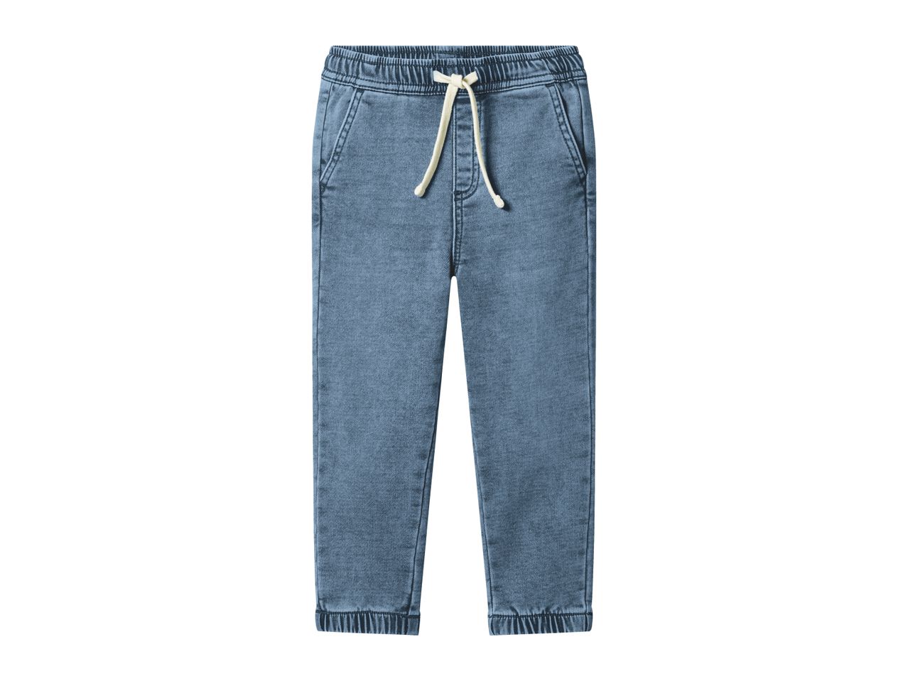 Blue denim joggers with an elasticated waist and white drawstring.