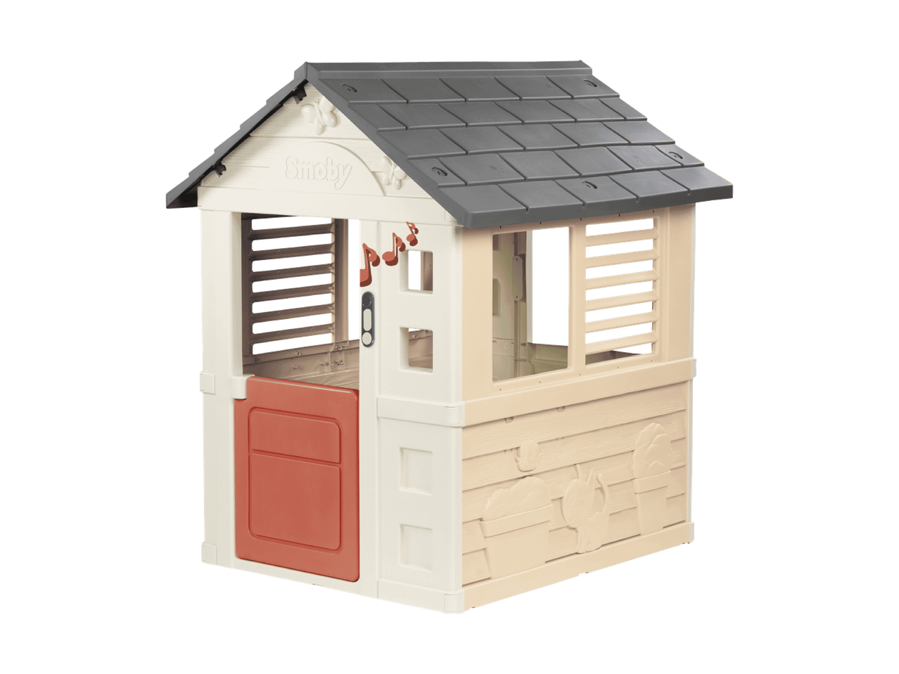 Kinderspielhaus mit grauem Dach, orangefarbener Tür und musikalischen Dekorationen.