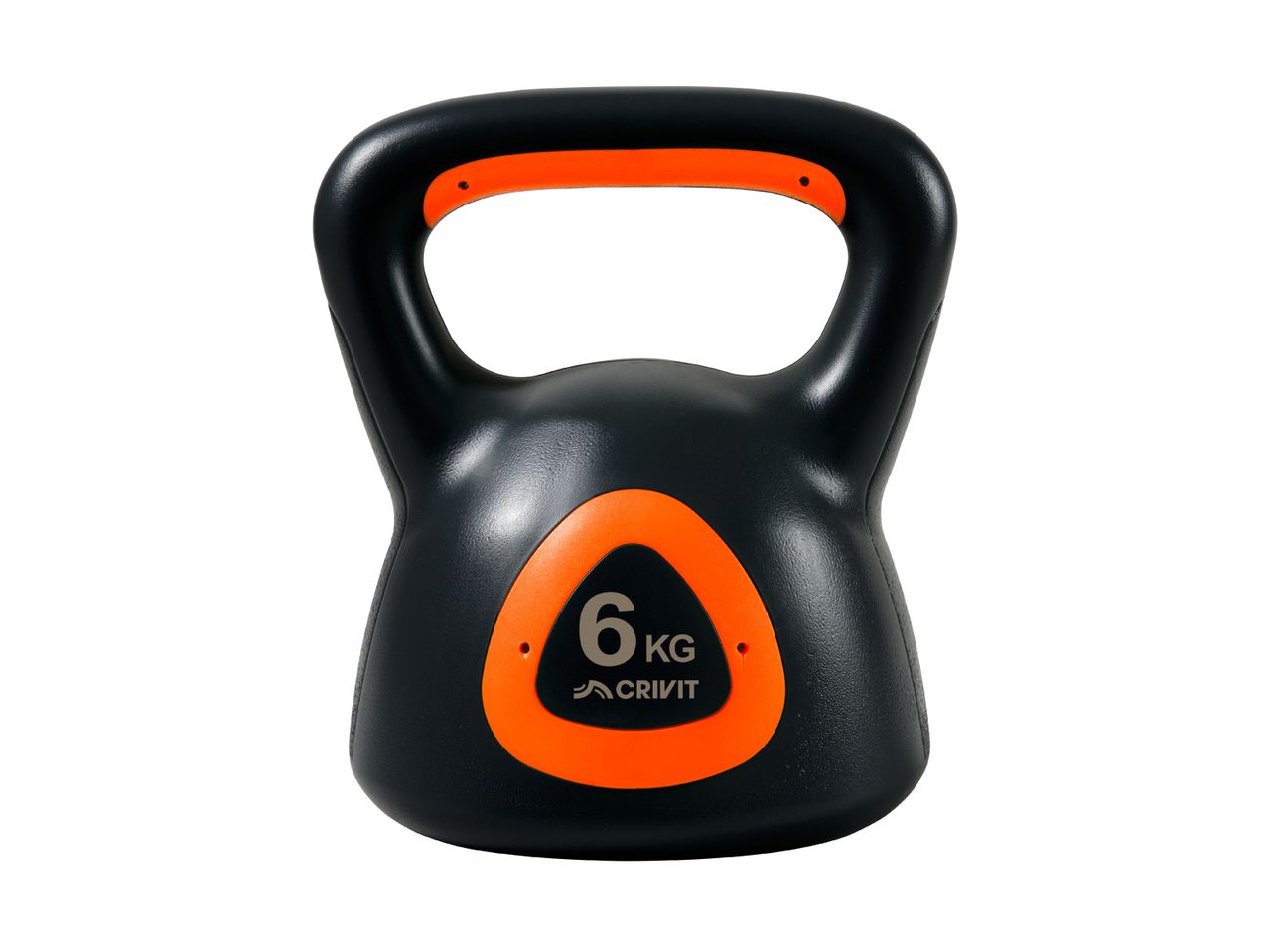 Black kettlebell with an orange handle and a 6 kg weight indicator.