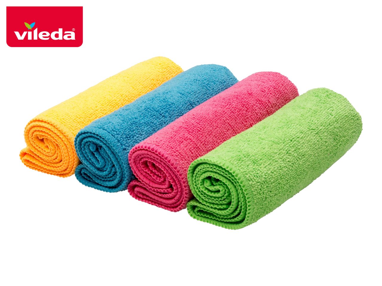 Four colorful rolled-up microfiber cleaning cloths in yellow, blue, pink, and green.