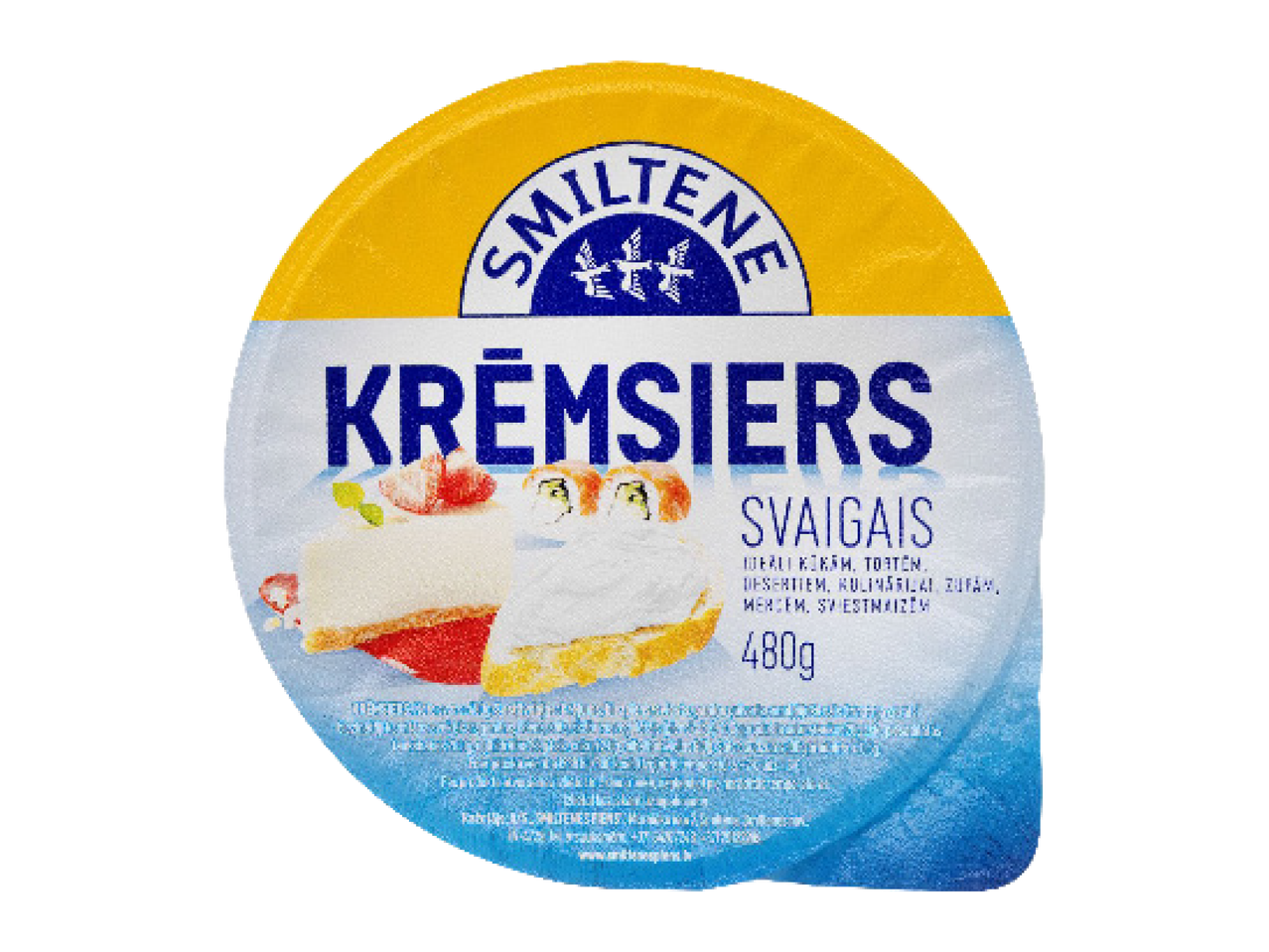 Smiltene Krēmsiers Svaigais 480g iepakojums ar siera kūkas un suši attēliem.