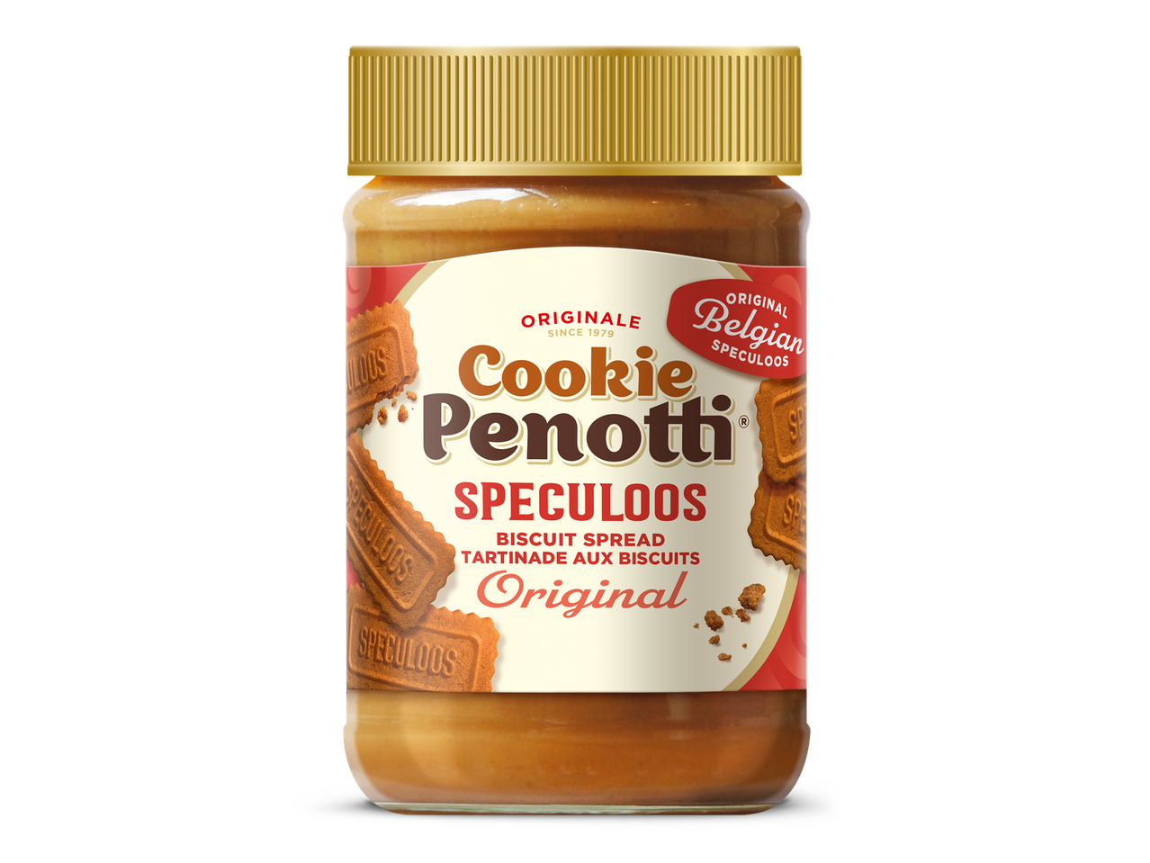 Pot speculoospasta met een label waarop 'Original Belgian Speculoos' staat.