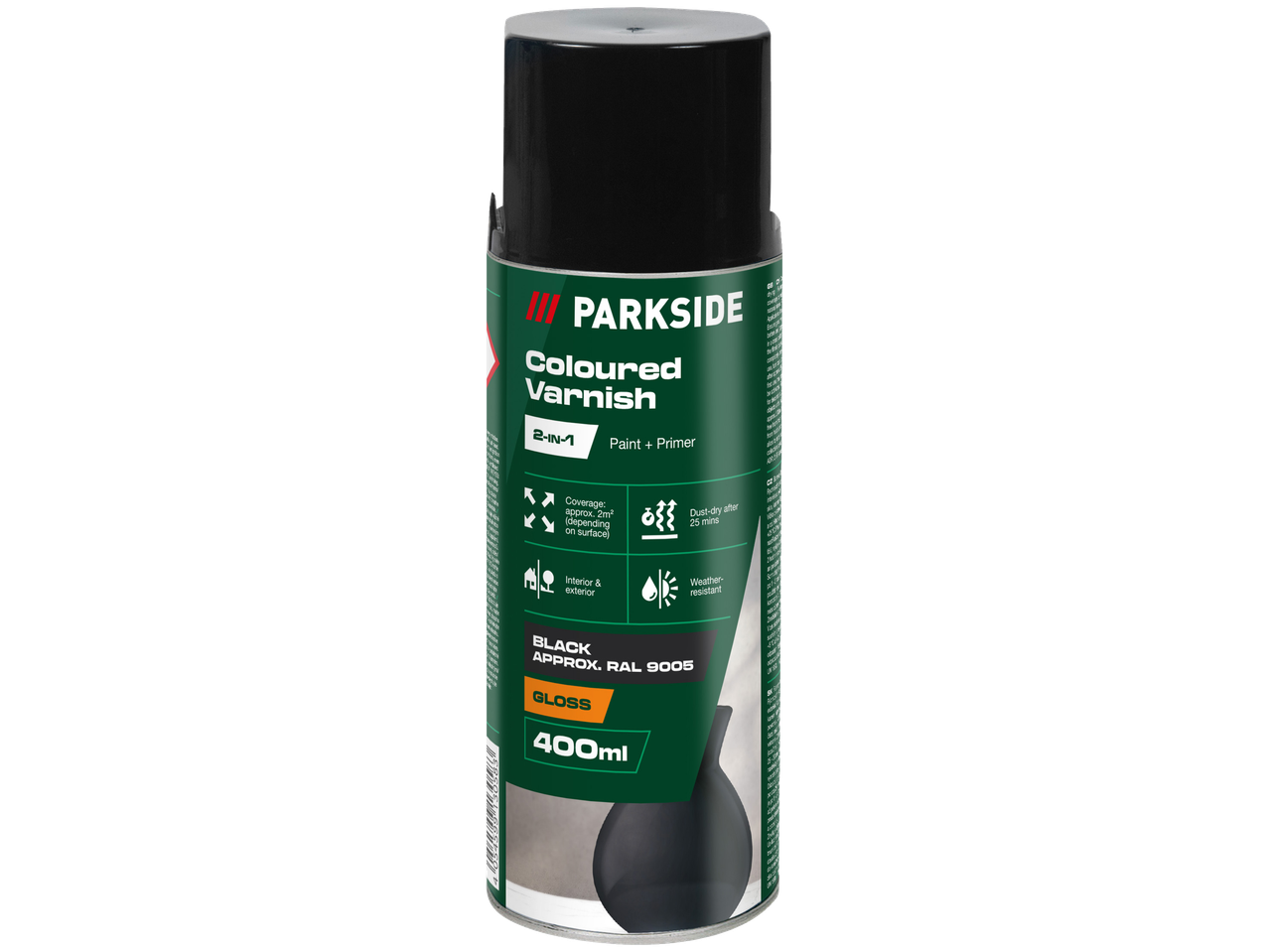 Melna krāsaina laka aerosols, 400ml, spīdīga apdare, 2-in-1 krāsa + grunts.