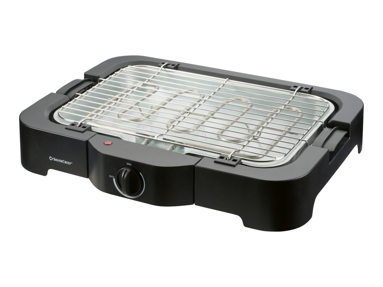 Black electric table grill with a metal grate and heating elements, featuring a temperature control dial.