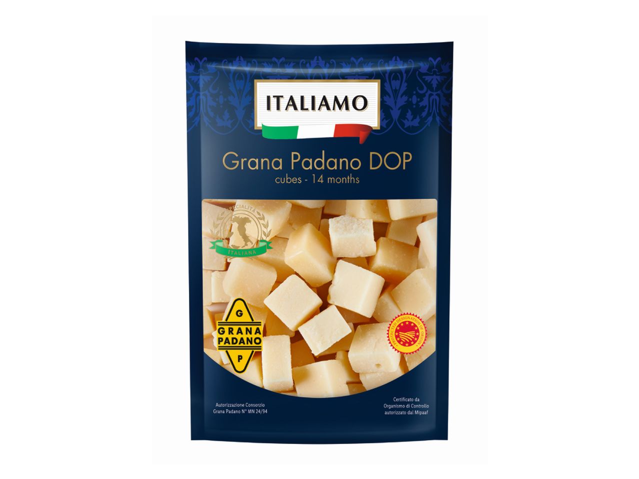 Pakovanje italijanskog sira Grana Padano DOP, zrna starosti 14 meseci.