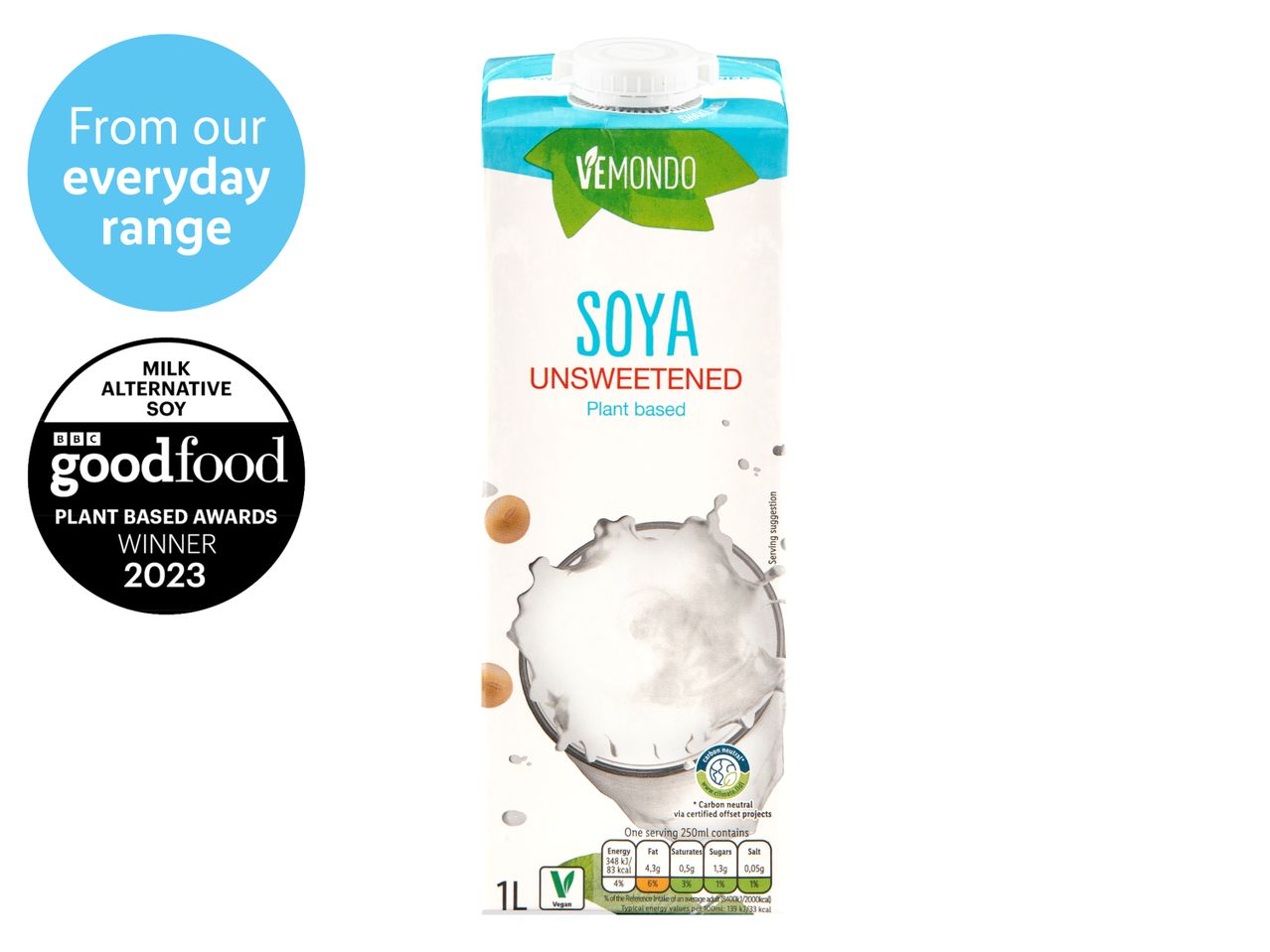 VEMONDO unsweetened soya milk, plant-based; BBC Good Food award winner.