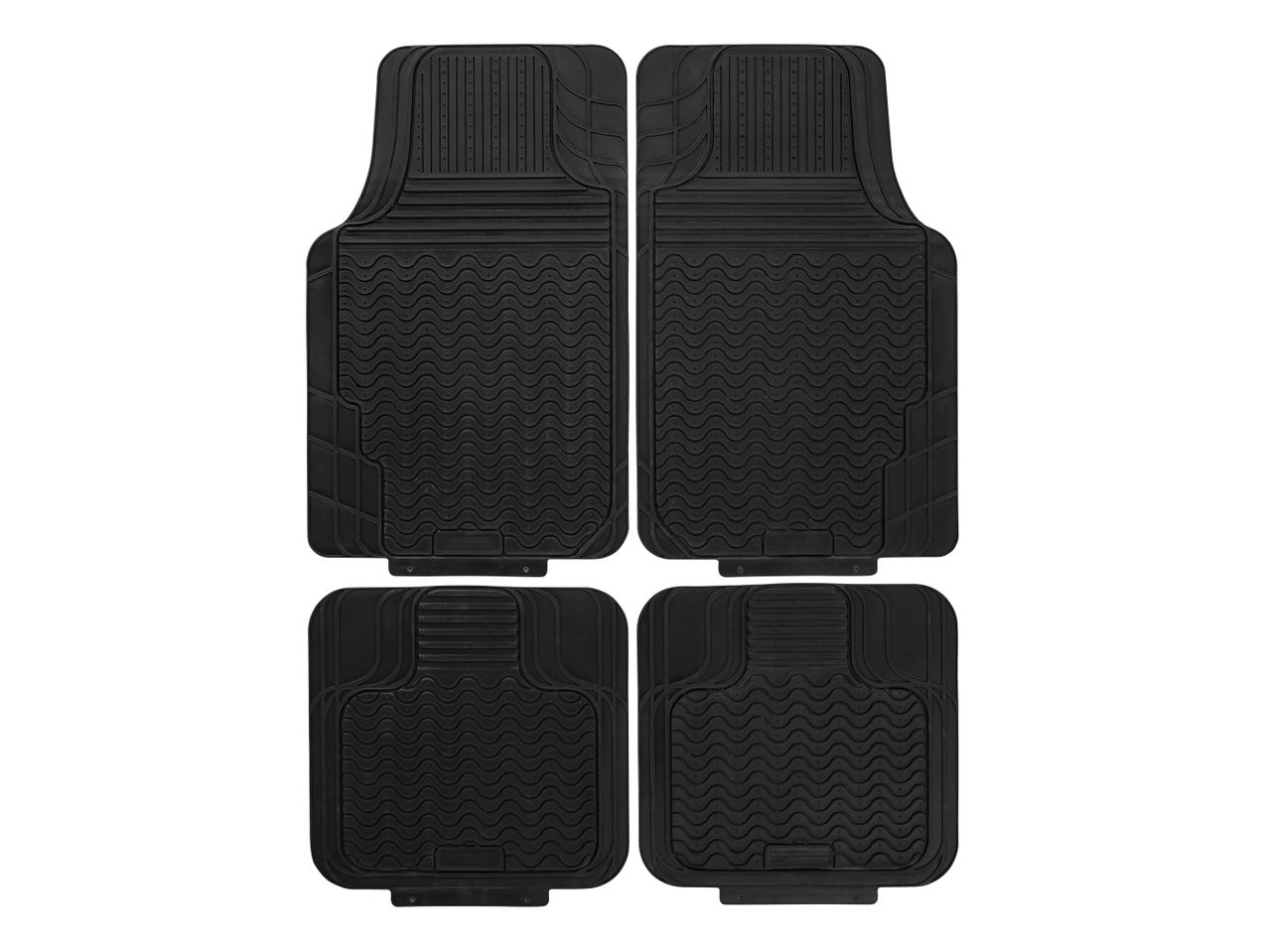 Set di quattro tappetini neri in gomma per auto con motivi a onde e a strisce.
