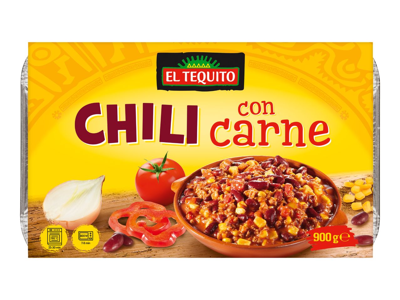 Chili con carne meal in a foil tray with ingredients like onion, tomato, and bell pepper.