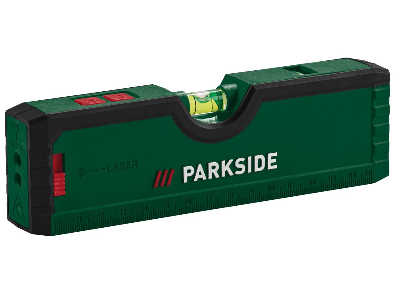Зелен лазерен нивелир Parkside® с вградена ролетка и либела.