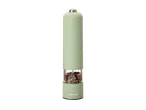 Moulin à poivre électrique vert clair avec un mélange de grains de poivre visibles.