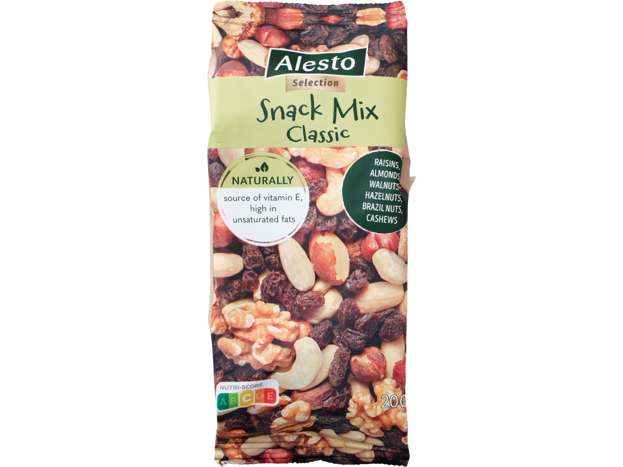 Alesto Selection Snack Mix Classic: rozīņu, mandeļu, valriekstu, lazdu riekstu, Brazīlijas riekstu un Indijas riekstu maisījums.