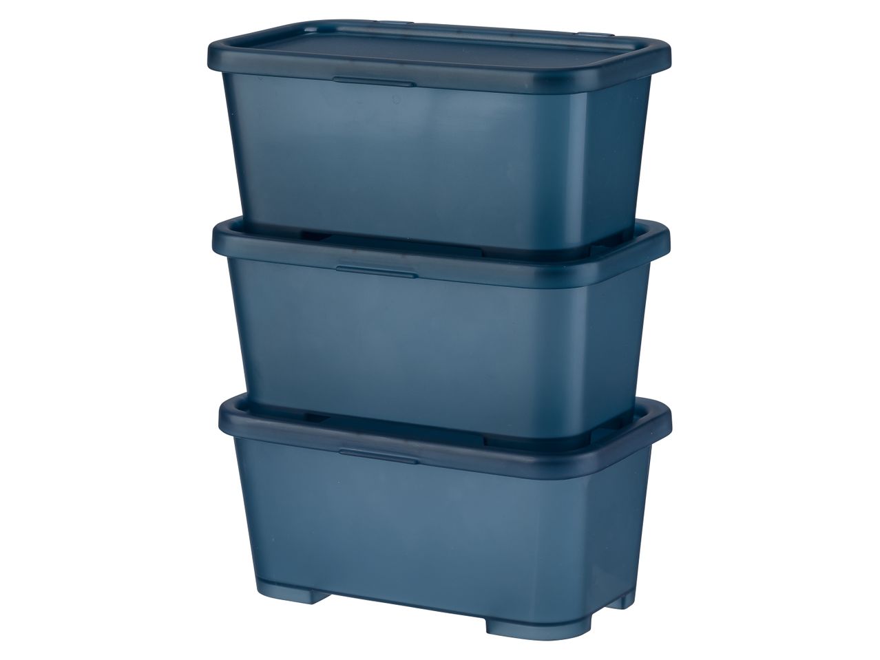 Three stackable plastic storage boxes in dark blue.