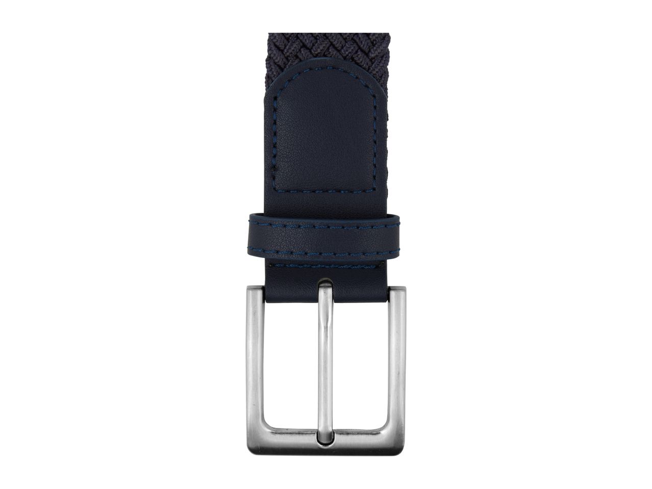 A dark blue braided belt with a silver buckle.