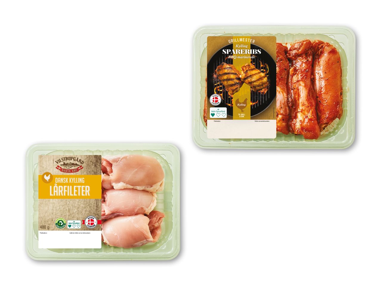 To pakker med kyllingeprodukter: Grillmester kylling spareribs og Vilstrupgaard dansk kylling lårfileter.