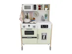A wooden toy kitchen with a microwave, oven, sink, and various accessories like a pot, utensils, and food.