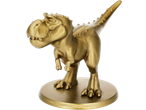Estátua dourada de dinossauro T-Rex numa base redonda.