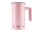 Pink milk frother with a handle and control buttons for different frothing options.