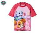 Pink children's rash guard with cartoon dogs and a sandcastle, featuring 'BEACH time' text.