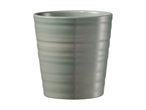 A light teal ceramic tumbler with subtle horizontal lines.