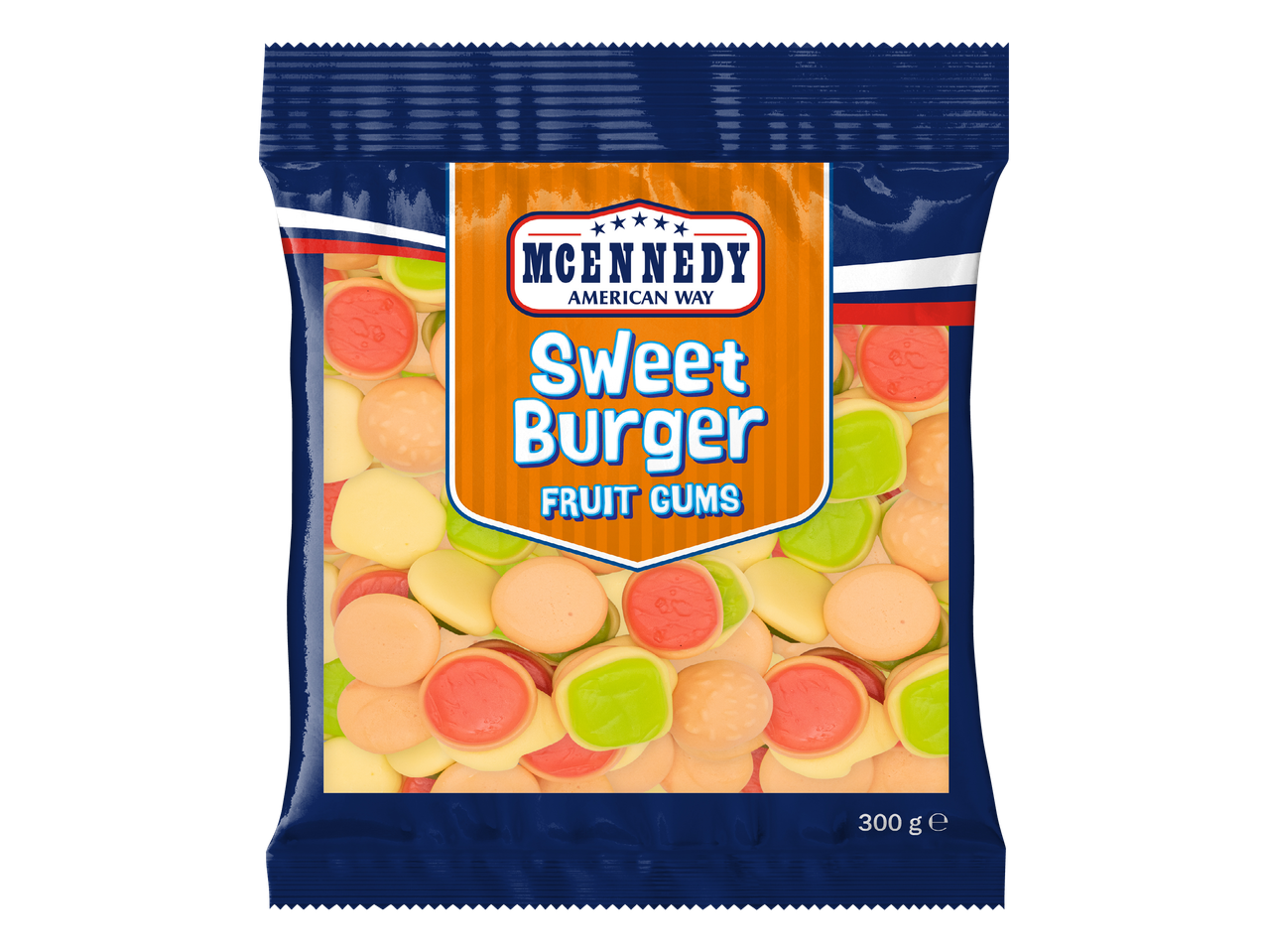 Pakiranje voćnih gumenih bombona u obliku mini burgera, s natpisom 'Sweet Burger Fruit Gums'.