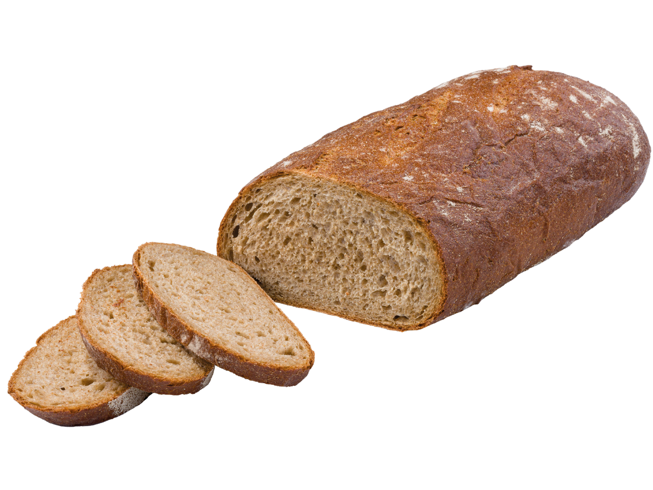 En limpa mörkt bröd med några skivor avskurna.