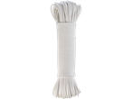 A white clothesline rope, neatly coiled and standing upright against a black background.