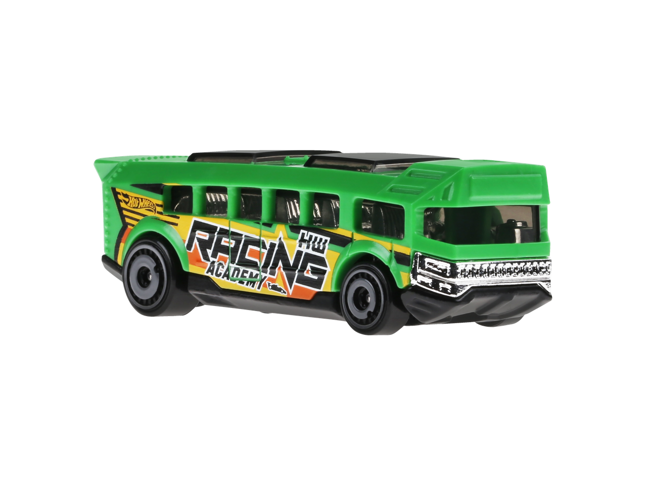 Um ônibus verde Hot Wheels da Academia de Corridas.