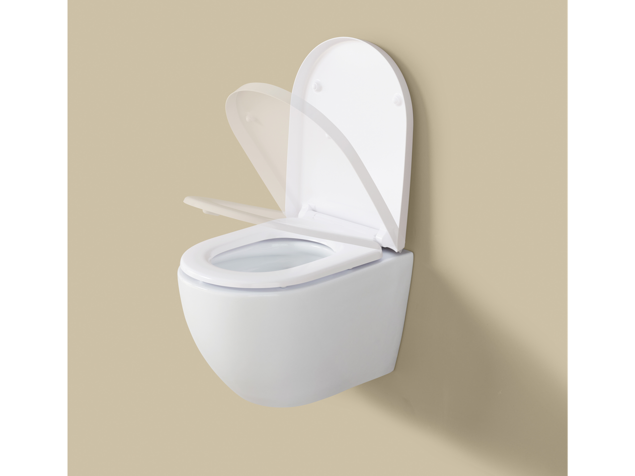 White wall-mounted toilet with a soft-close seat and lid in motion