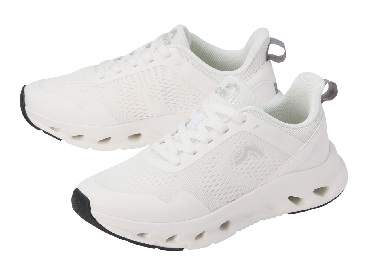 Pair of white mesh athletic shoes with black soles and gray accents