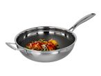 Stainless steel wok with stir-fried vegetables and shrimp