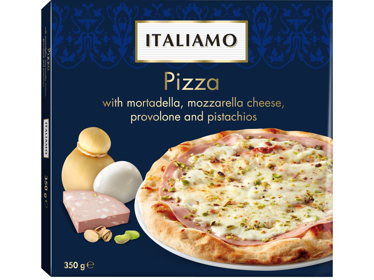 Кутия за пица 'ITALIAMO' с мортадела, моцарела, проволоне и шамфъстък.