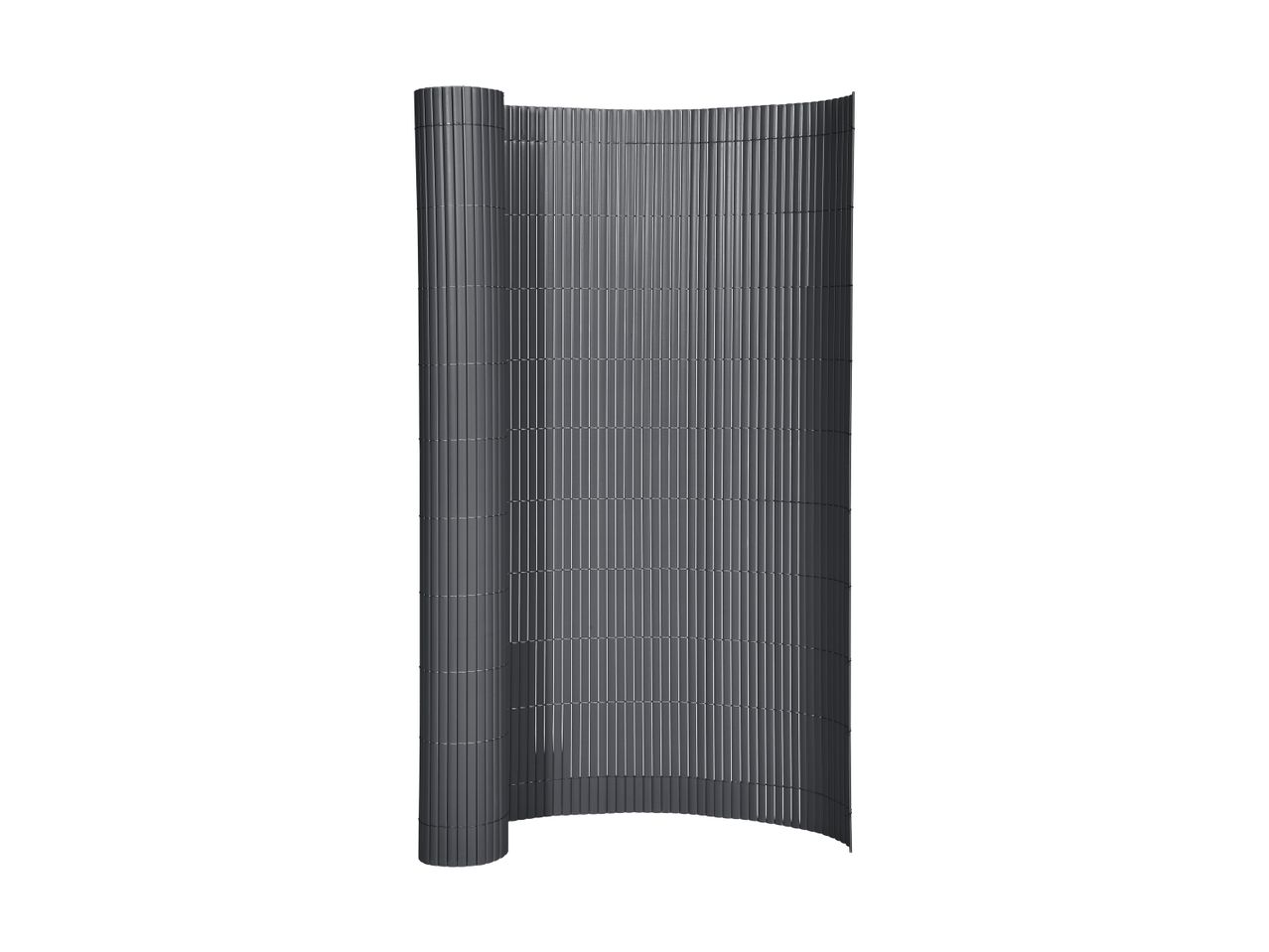 Grey privacy screen made of vertical slats, partially rolled up